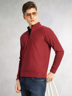 Thomas Scott Men Maroon Regular Fit Long Sleeves Mock Neck Half-Zip Solid Polyester Knitted Sweatshirt