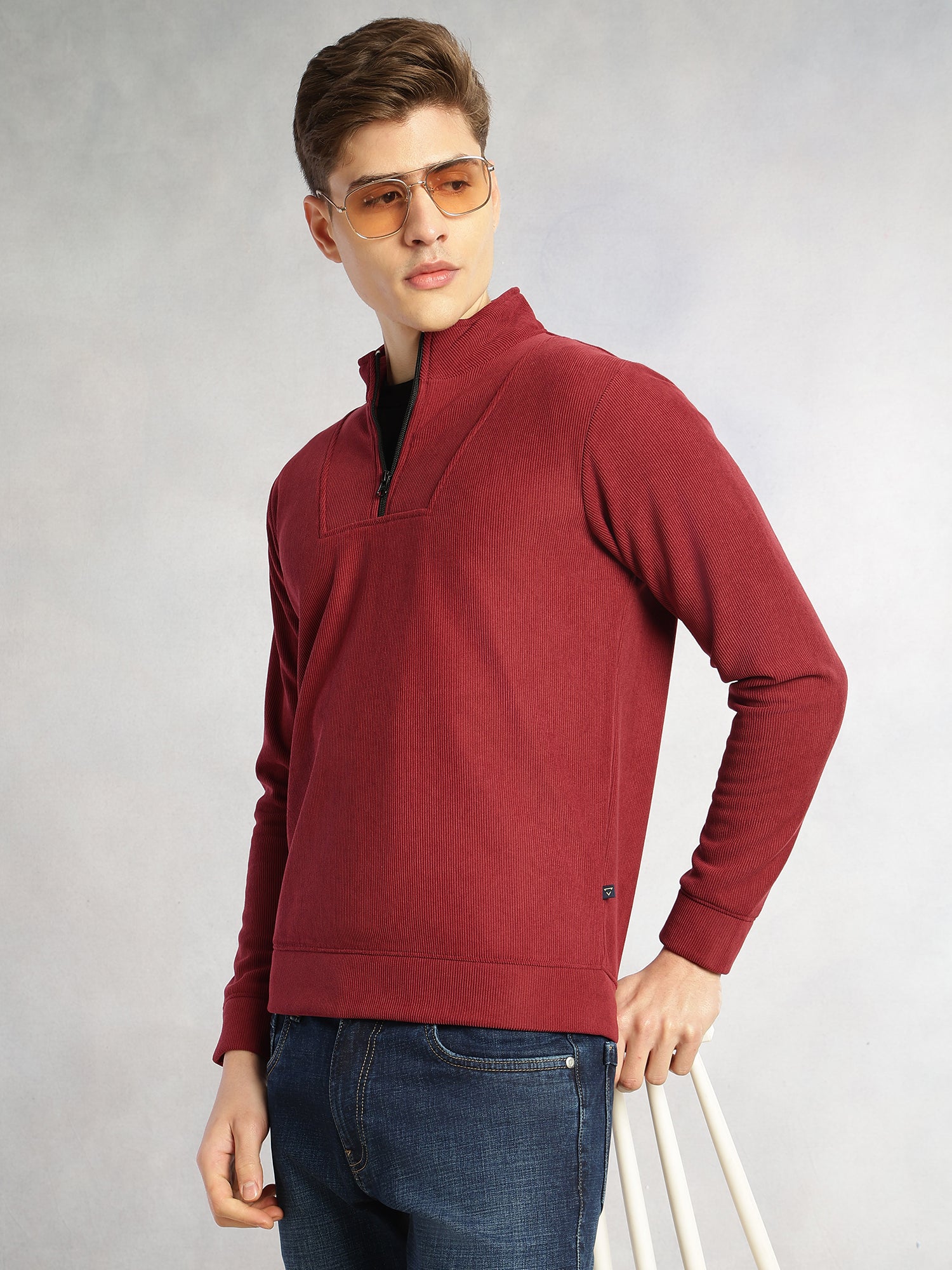 Thomas Scott Men Maroon Regular Fit Long Sleeves Mock Neck Half-Zip Solid Polyester Knitted Sweatshirt