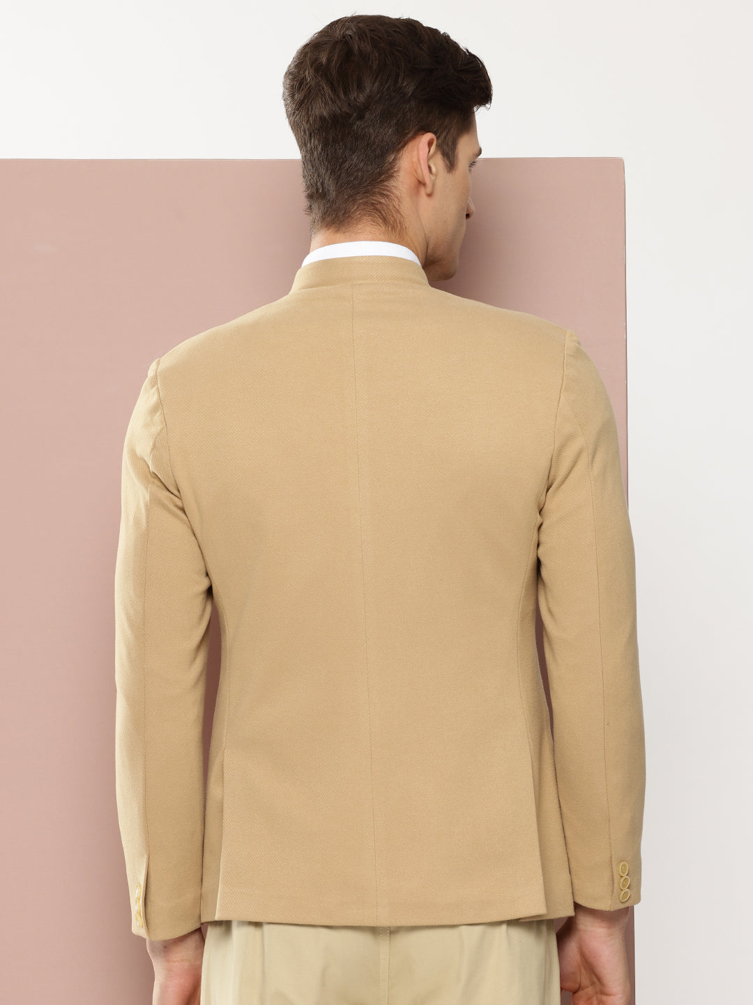 Thomas Scott Men Beige1 Regular Fit Mandarin Collar Long Sleeves Solid Formal and Wedding Wear Bandhgala Blazer