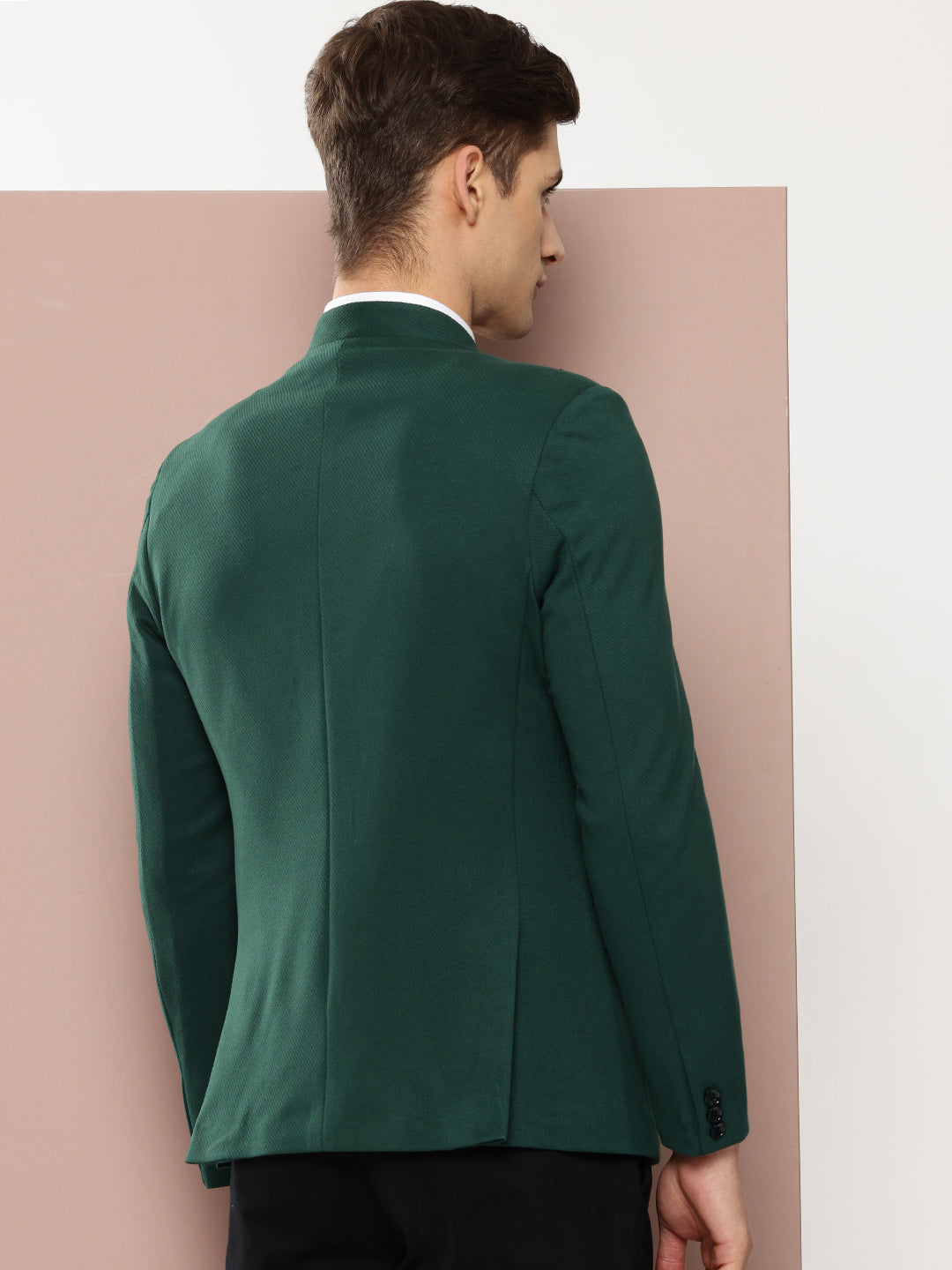 Thomas Scott Men Bottle Green1 Regular Fit Mandarin Collar Long Sleeves Solid Formal and Wedding Wear Bandhgala Blazer