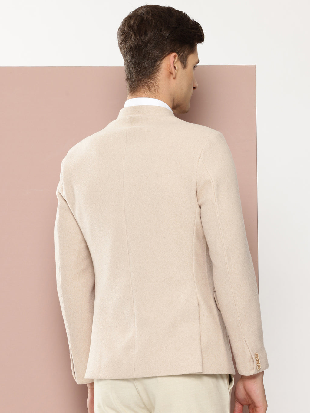 Thomas Scott Men Beige1 Regular Fit Long Sleeves Mandarin Collar Solid Formal and Wedding Wear Bandhgala Blazer