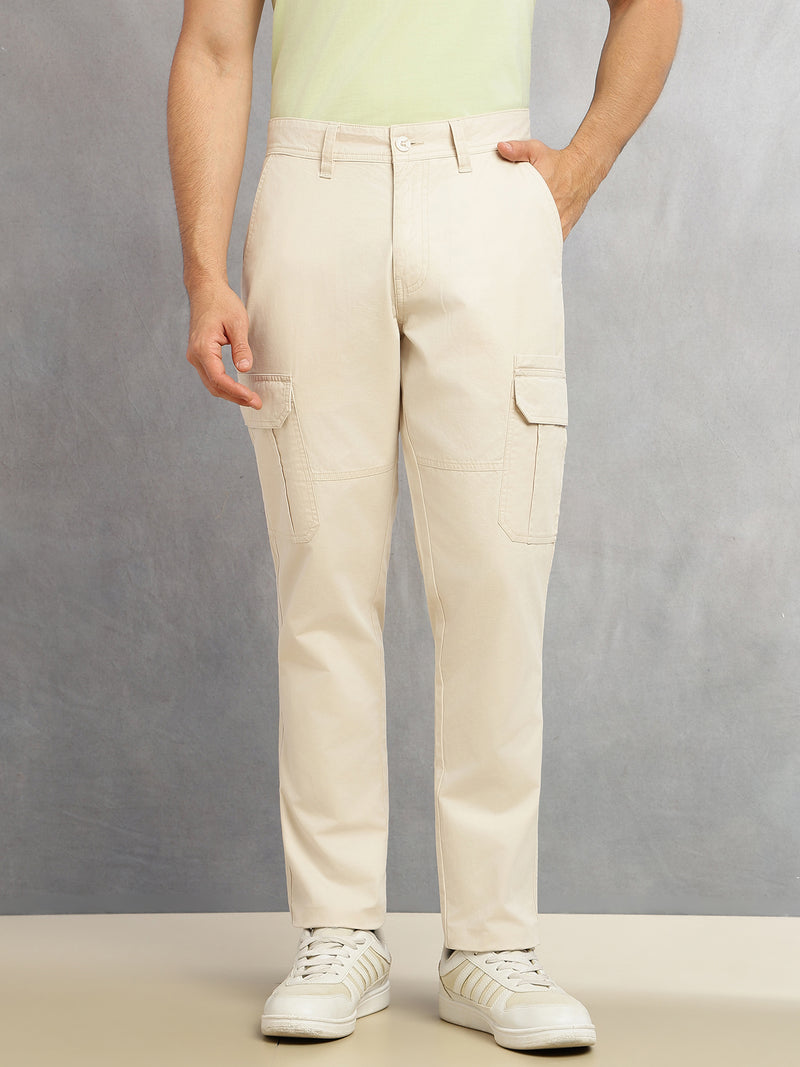 Thomas Scott Men Beige Cricket Club Collections Straight Fit Mid-Rise Solid 6 Pockets 100% Cotton Woven Cargo Trouser