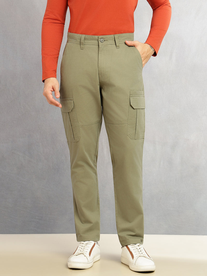 Thomas Scott Men Green Cricket Club Collections Straight Fit Mid-Rise Solid 6 Pockets 100% Cotton Woven Cargo Trouser