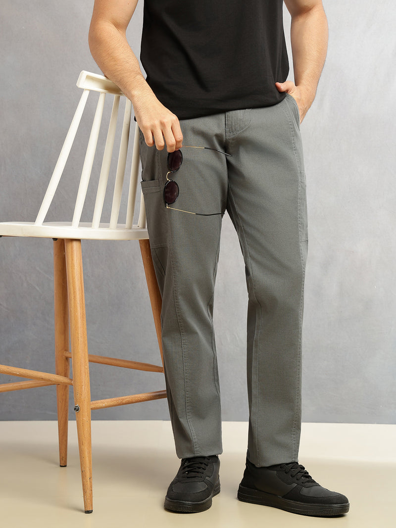 Thomas Scott Men Steel Grey Smart Straight Fit Mid-Rise Solid 6-Pocket Design Woven Cargo Trouser