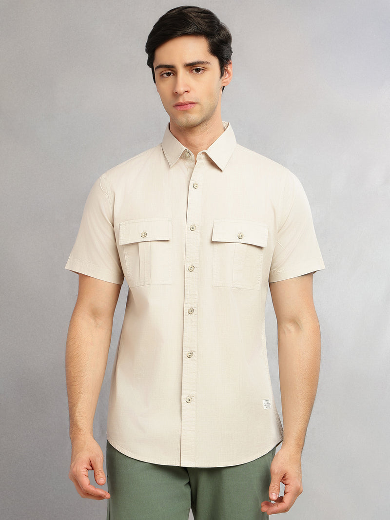 Thomas Scott Men Beige Cricket Club Collection Slim Fit Short Sleeve Spread Collar 2 Flap Pockets Solid Design Cotton Twill Casual Shirt