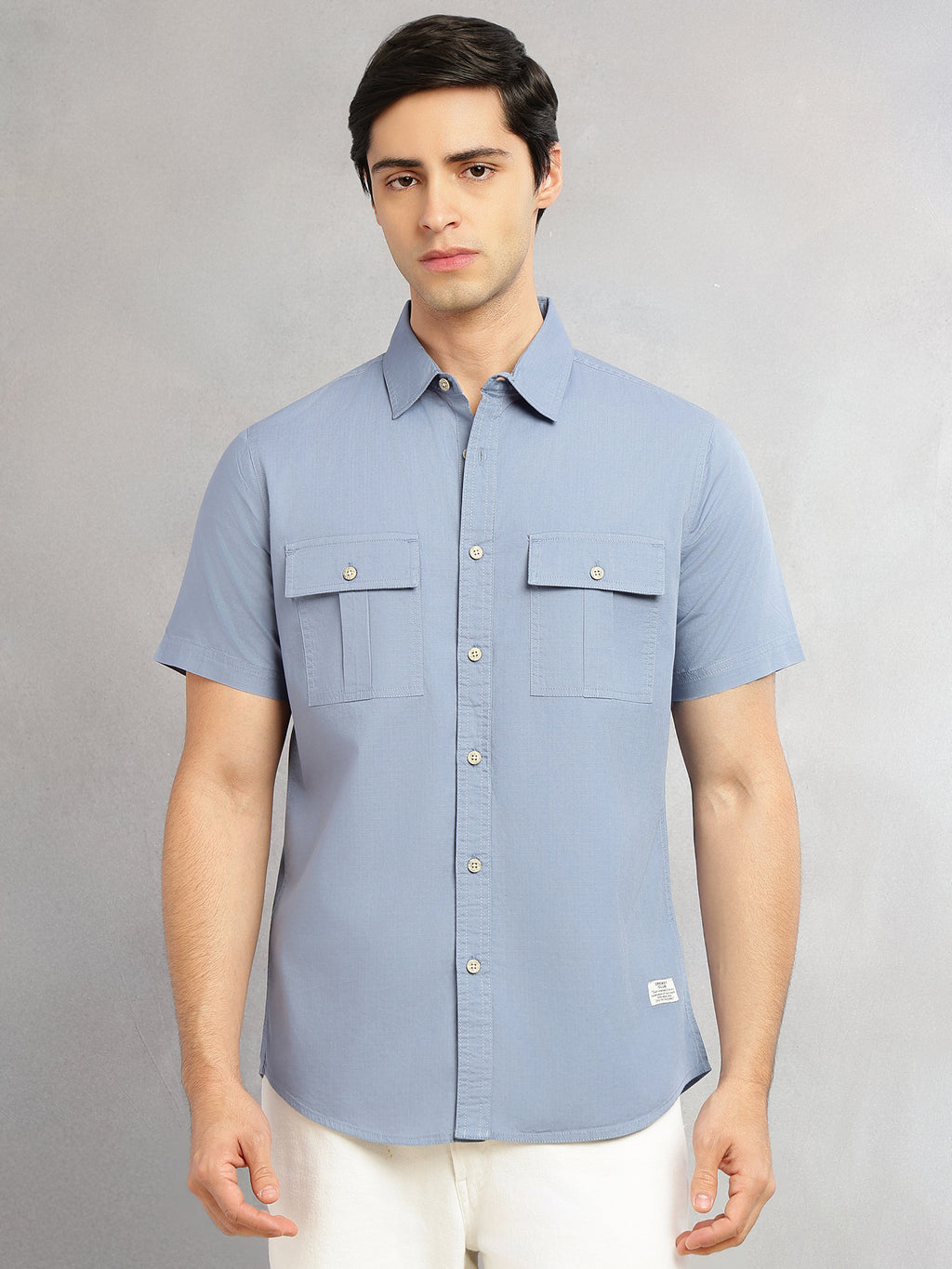 Thomas Scott Men Blue Cricket Club Collection Slim Fit Short Sleeve Spread Collar 2 Flap Pockets Solid Design Cotton Twill Casual Shirt