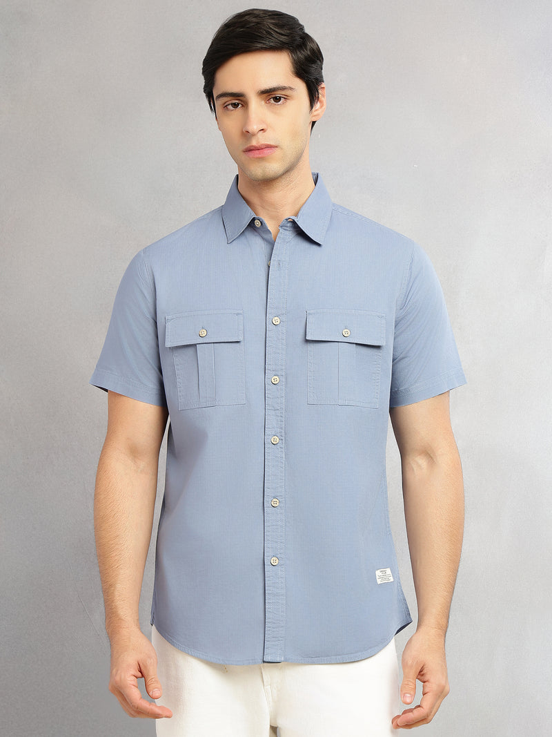 Thomas Scott Men Blue Cricket Club Collection Slim Fit Short Sleeve Spread Collar 2 Flap Pockets Solid Design Cotton Twill Casual Shirt