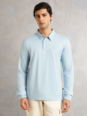 Thomas Scott Men Blue Regular Fit Long Sleeves Solid Viscose Rayon Knitted Polo Collar Performance Tshirt