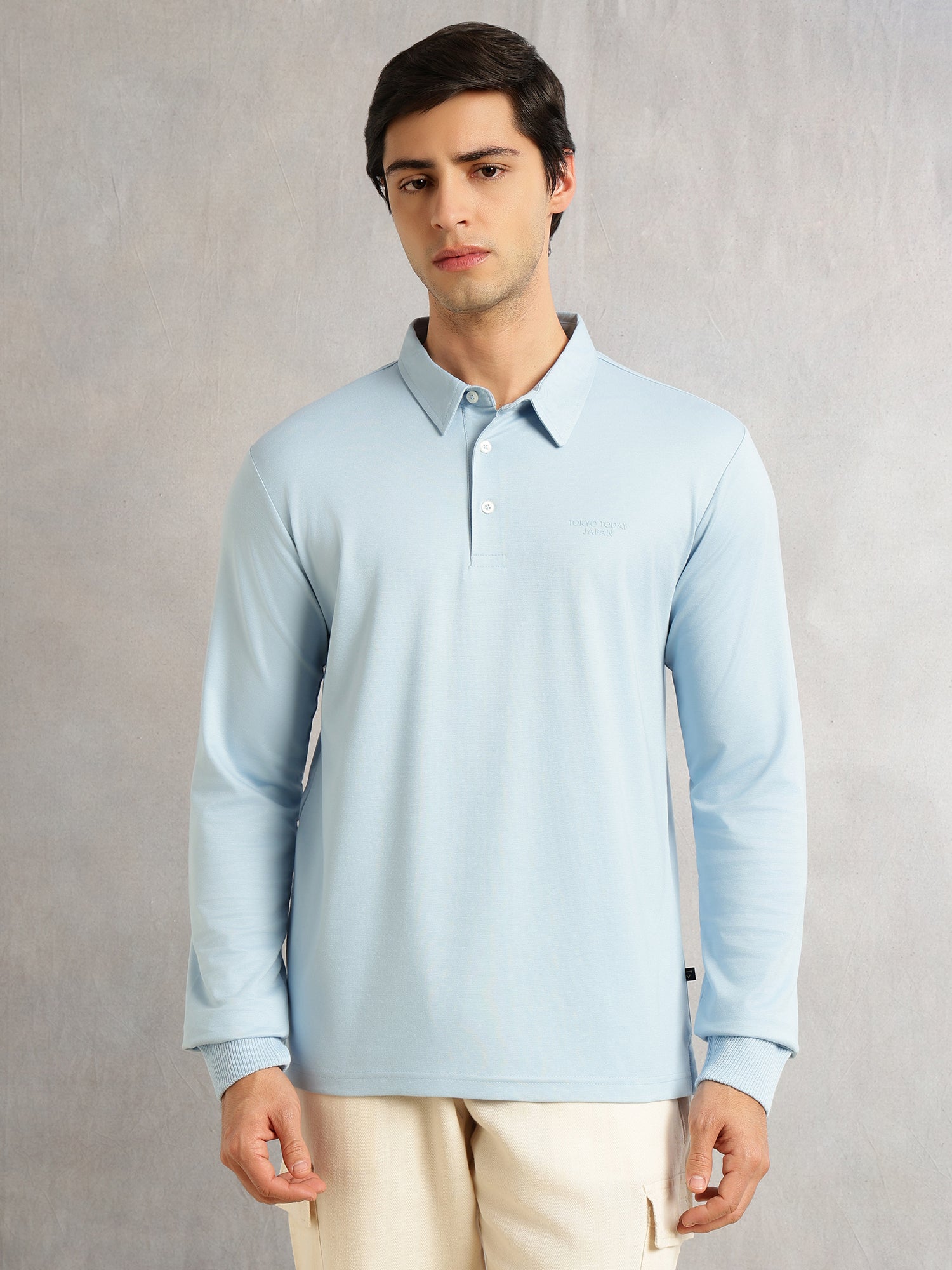 Thomas Scott Men Blue Regular Fit Long Sleeves Solid Viscose Rayon Knitted Polo Collar Performance Tshirt