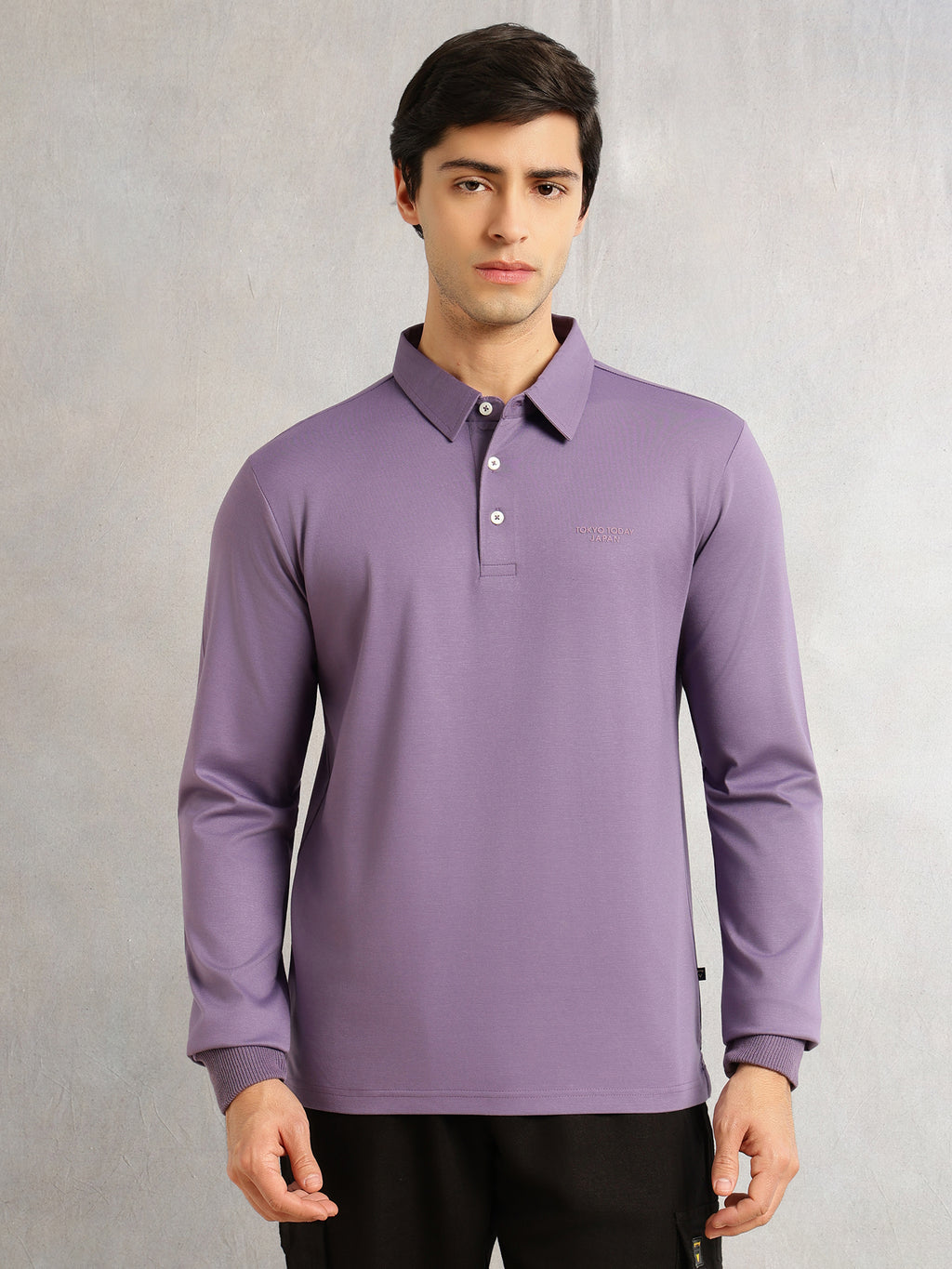 Thomas Scott Men Lavender Regular Fit Long Sleeves Solid Viscose Rayon Knitted Polo Collar Performance Tshirt
