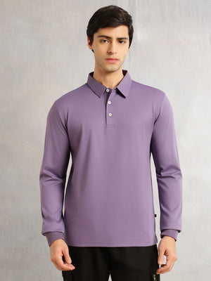 Thomas Scott Men Lavender Regular Fit Long Sleeves Solid Viscose Rayon Knitted Polo Collar Performance Tshirt