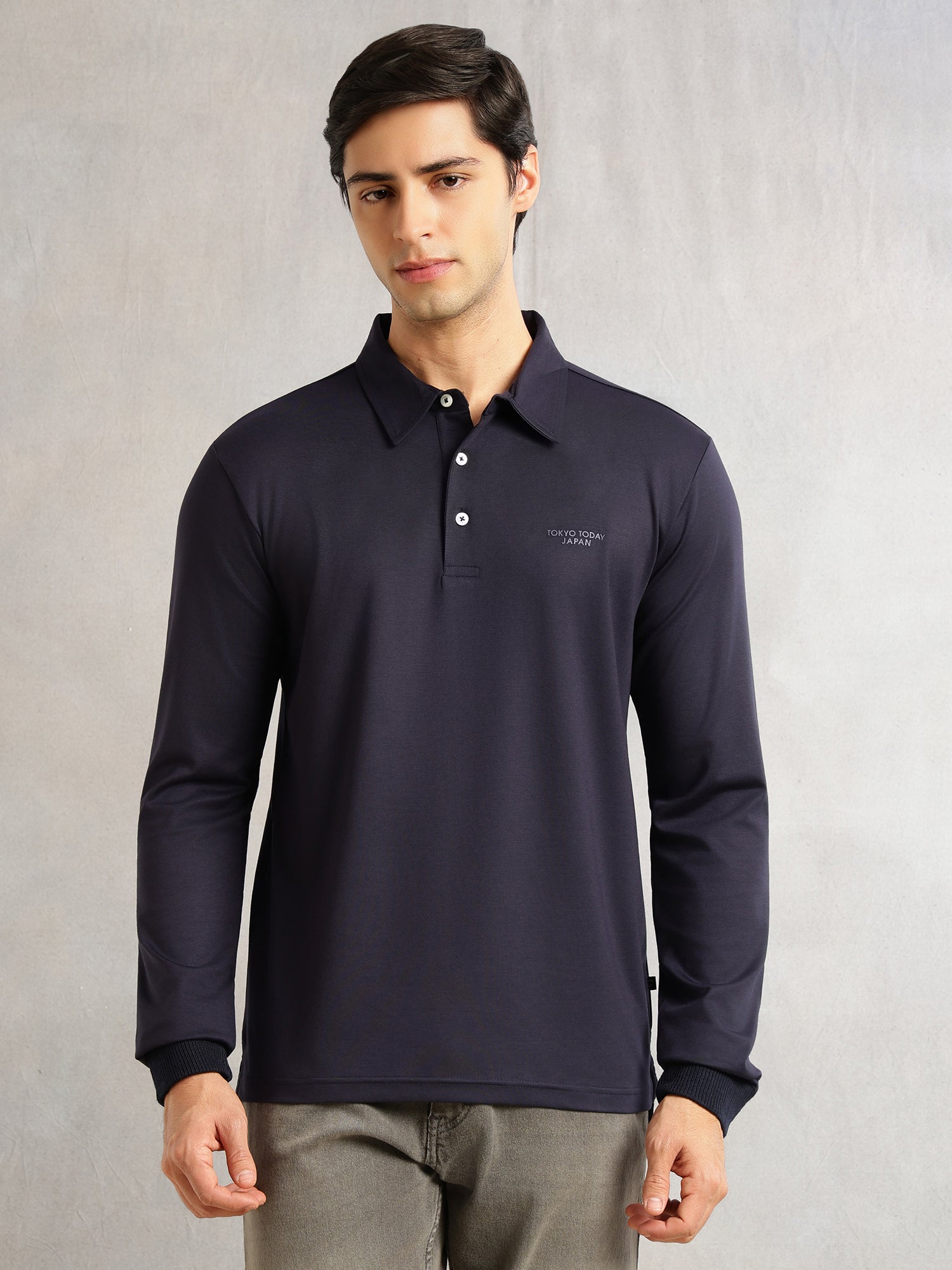 Thomas Scott Men Navy Regular Fit Long Sleeves Solid Viscose Rayon Knitted Polo Collar Performance Tshirt