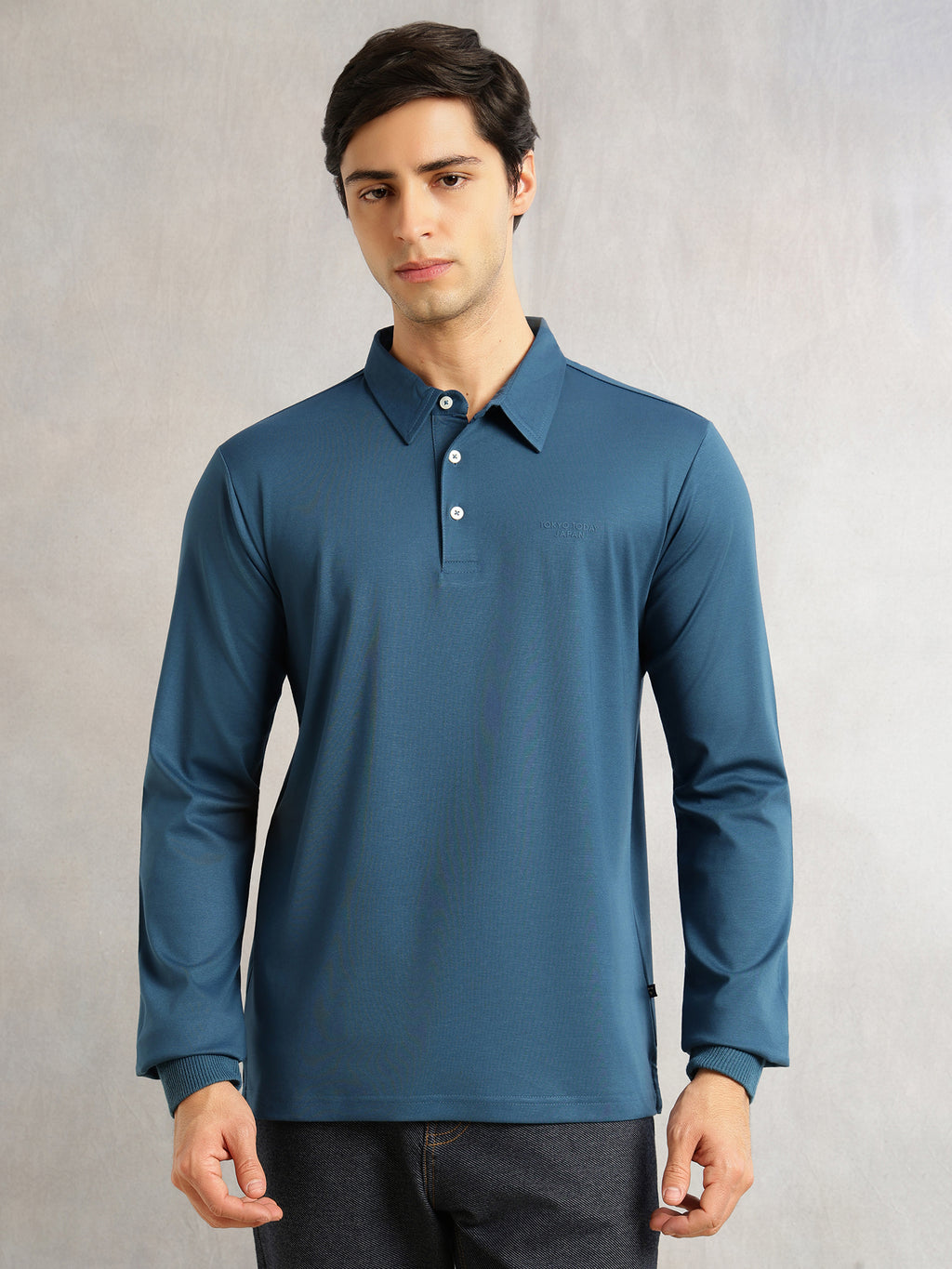 Thomas Scott Men Teal Regular Fit Long Sleeves Solid Viscose Rayon Knitted Polo Collar Performance Tshirt