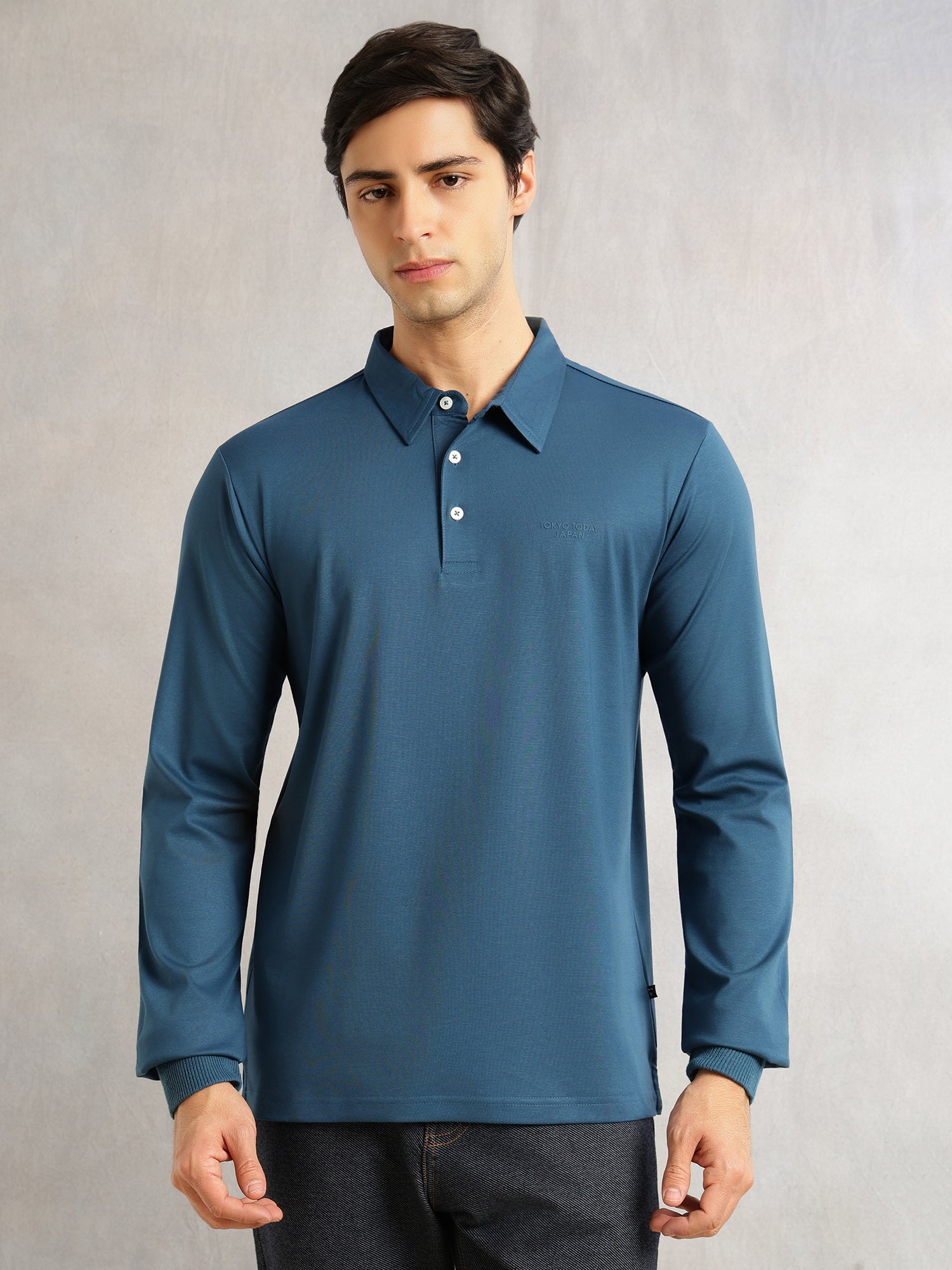 Thomas Scott Men Teal Regular Fit Long Sleeves Solid Viscose Rayon Knitted Polo Collar Performance Tshirt