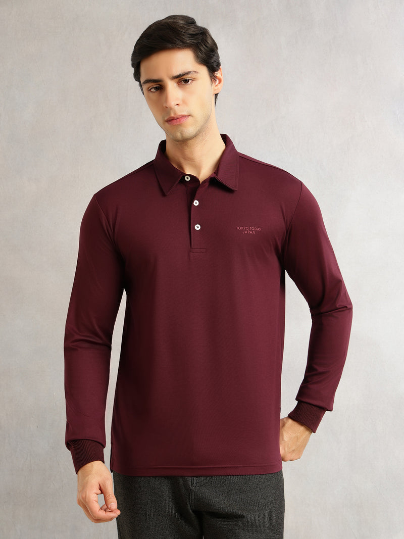 Thomas Scott Men Wine Regular Fit Long Sleeves Solid Viscose Rayon Knitted Polo Collar Performance Tshirt