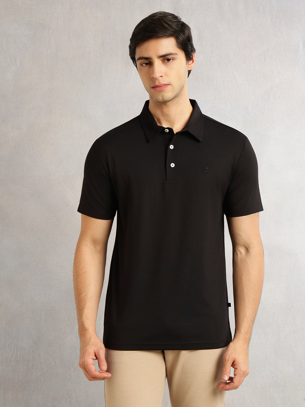 Thomas Scott Men Black Regular Fit Short Sleeves Viscose Rayon Solid Knitted Polo Collar Performance Tshirt