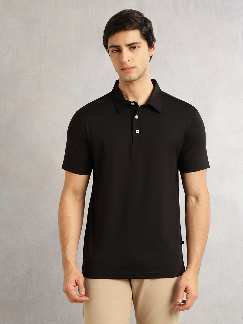Thomas Scott Men Black Regular Fit Short Sleeves Viscose Rayon Solid Knitted Polo Collar Performance Tshirt