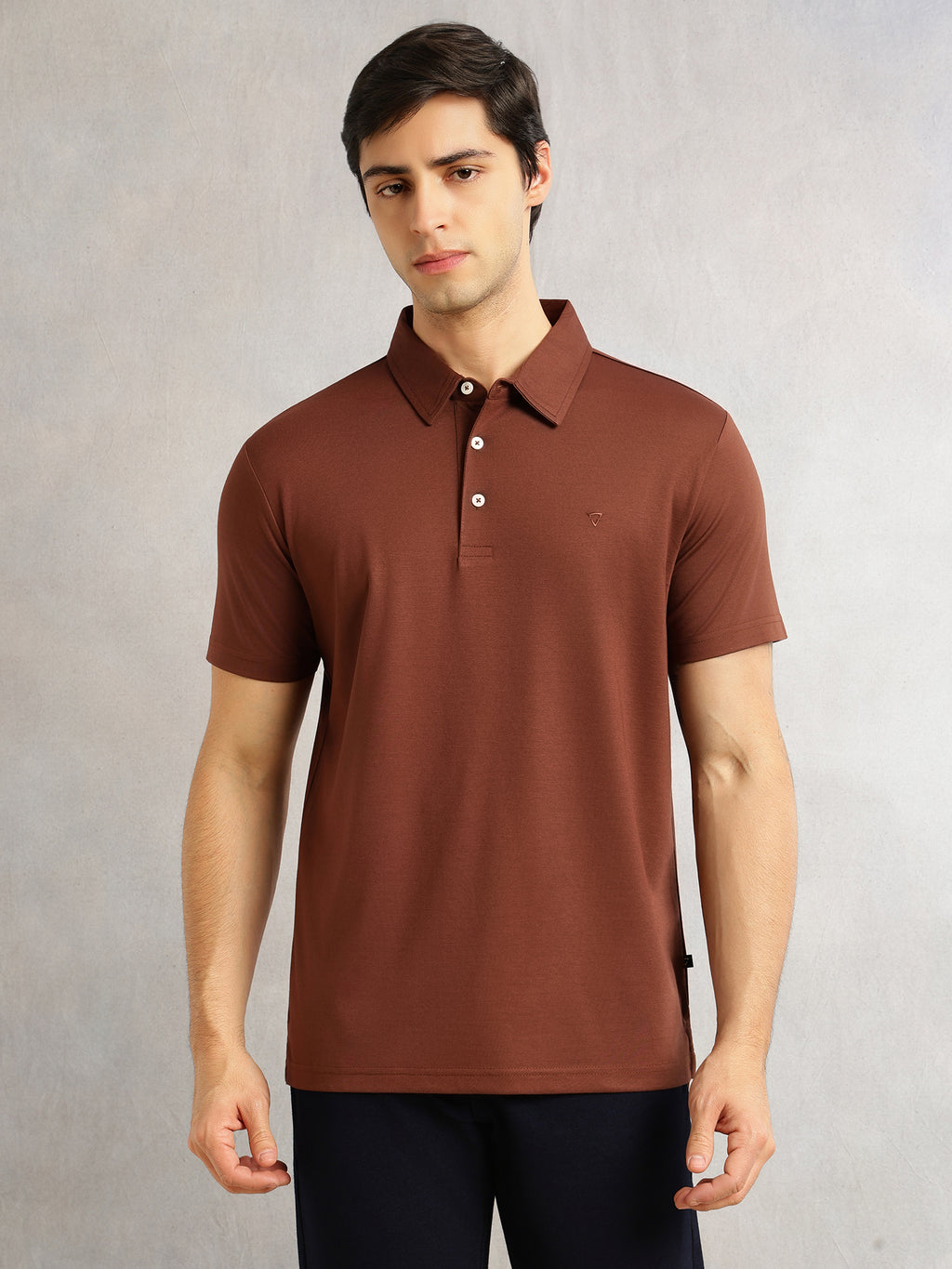 Thomas Scott Men Coffee Brown Regular Fit Short Sleeves Viscose Rayon Solid Knitted Polo Collar Performance Tshirt
