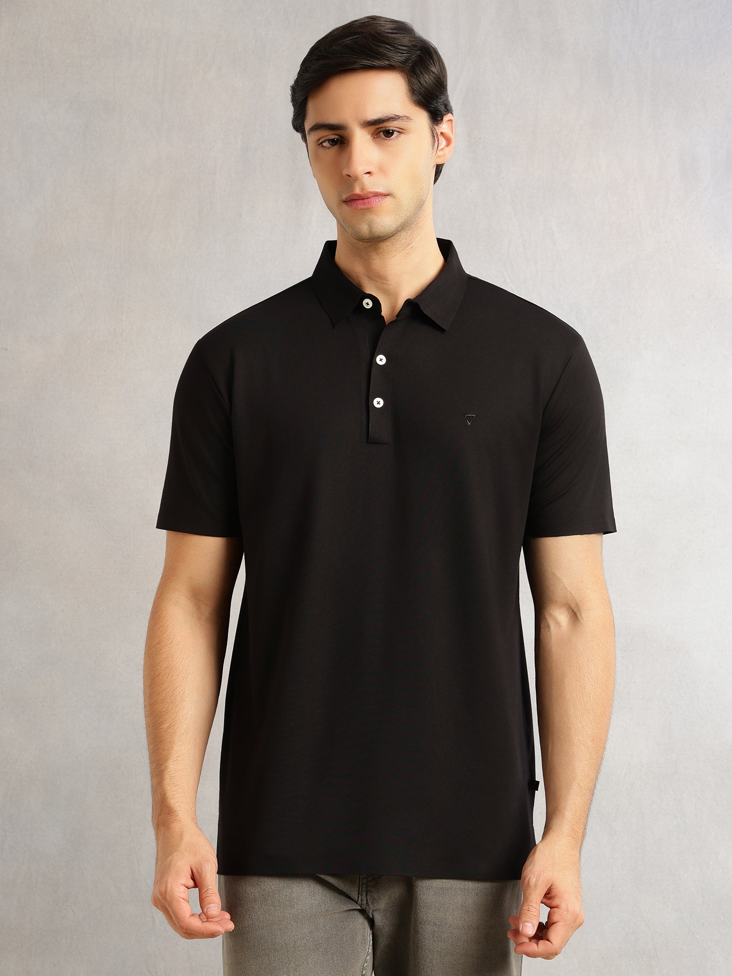 Thomas Scott Men Black Regular Fit Short Sleeves Solid Viscose Rayon Knitted Polo Collar Performance T-shirt