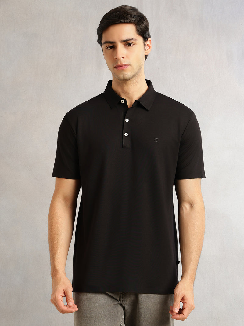 Thomas Scott Men Black Regular Fit Short Sleeves Solid Viscose Rayon Knitted Polo Collar Performance T-shirt