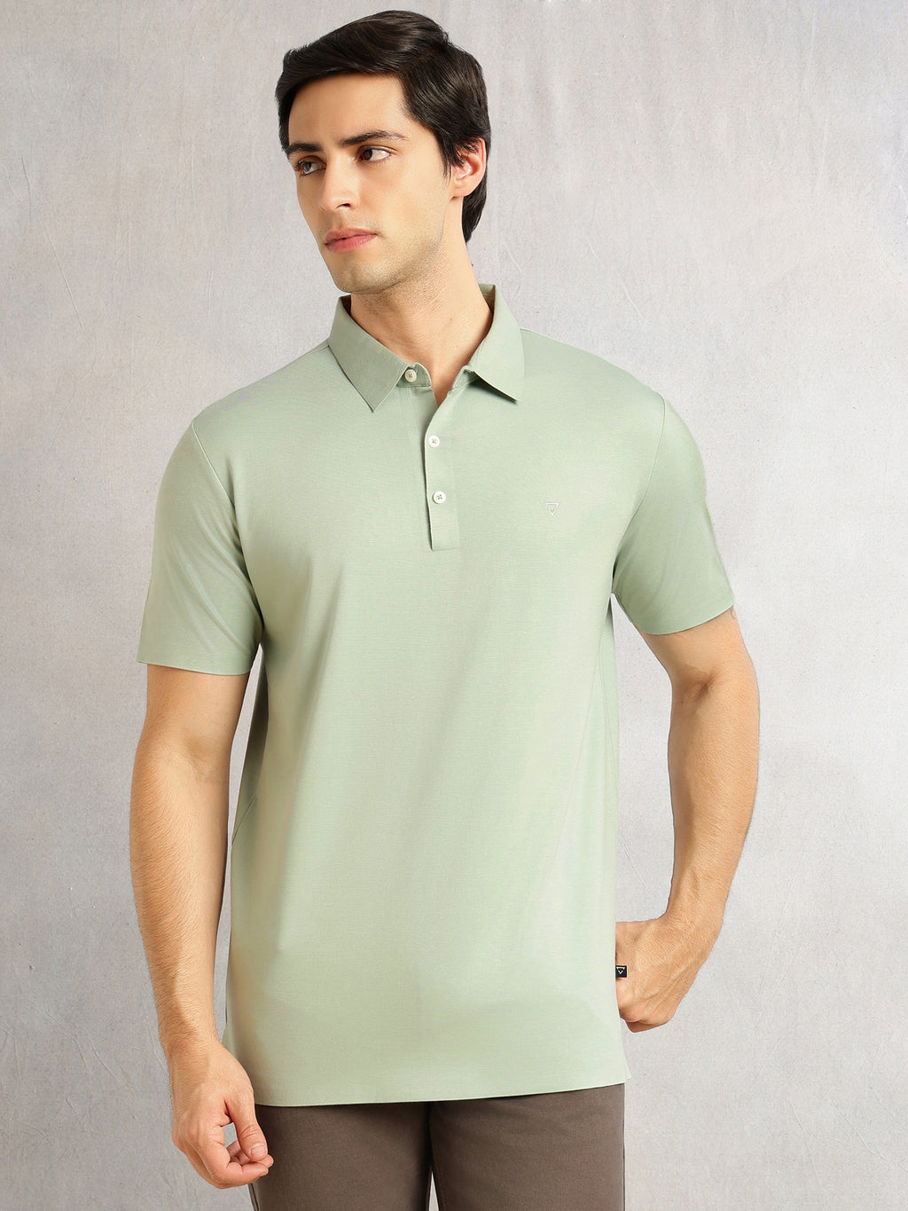 Thomas Scott Men Sage Green Regular Fit Short Sleeves Solid Viscose Rayon Knitted Polo Collar Performance T-shirt