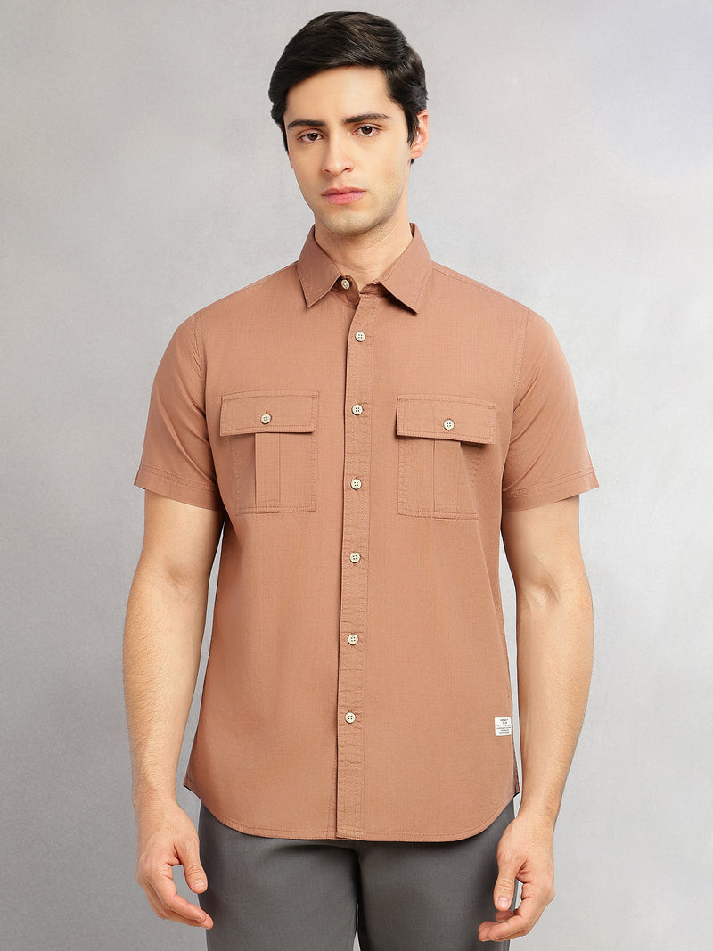 Thomas Scott Men Brown Cricket Club Collection Slim Fit Short Sleeve Spread Collar 2 Flap Pockets Solid Design Cotton Twill Casual Shirt