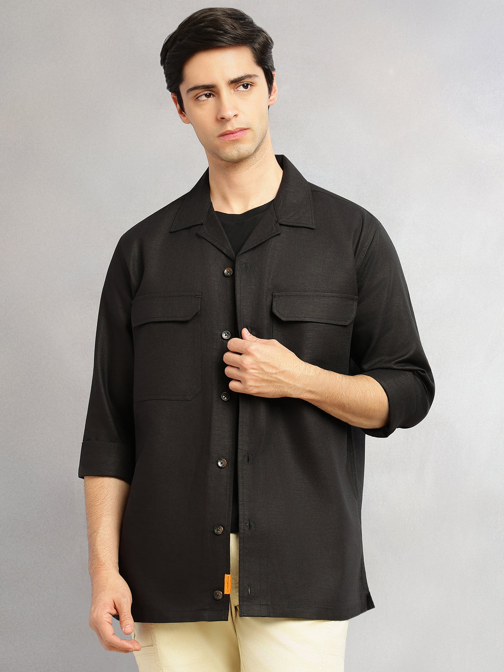 Thomas Scott Men Black Cricket Club Collection Oversized Fit Long Sleeves Camp Collar Cotton Linen Twill Shacket with 2 Flap Pockets