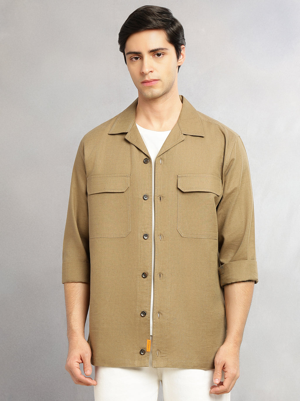 Thomas Scott Men Khaki Cricket Club Collection Oversized Fit Long Sleeves Camp Collar Cotton Linen Twill Shacket with 2 Flap Pockets