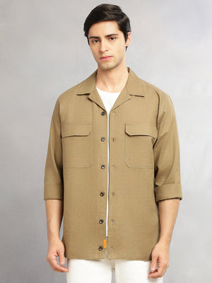 Thomas Scott Men Khaki Cricket Club Collection Oversized Fit Long Sleeves Camp Collar Cotton Linen Twill Shacket with 2 Flap Pockets