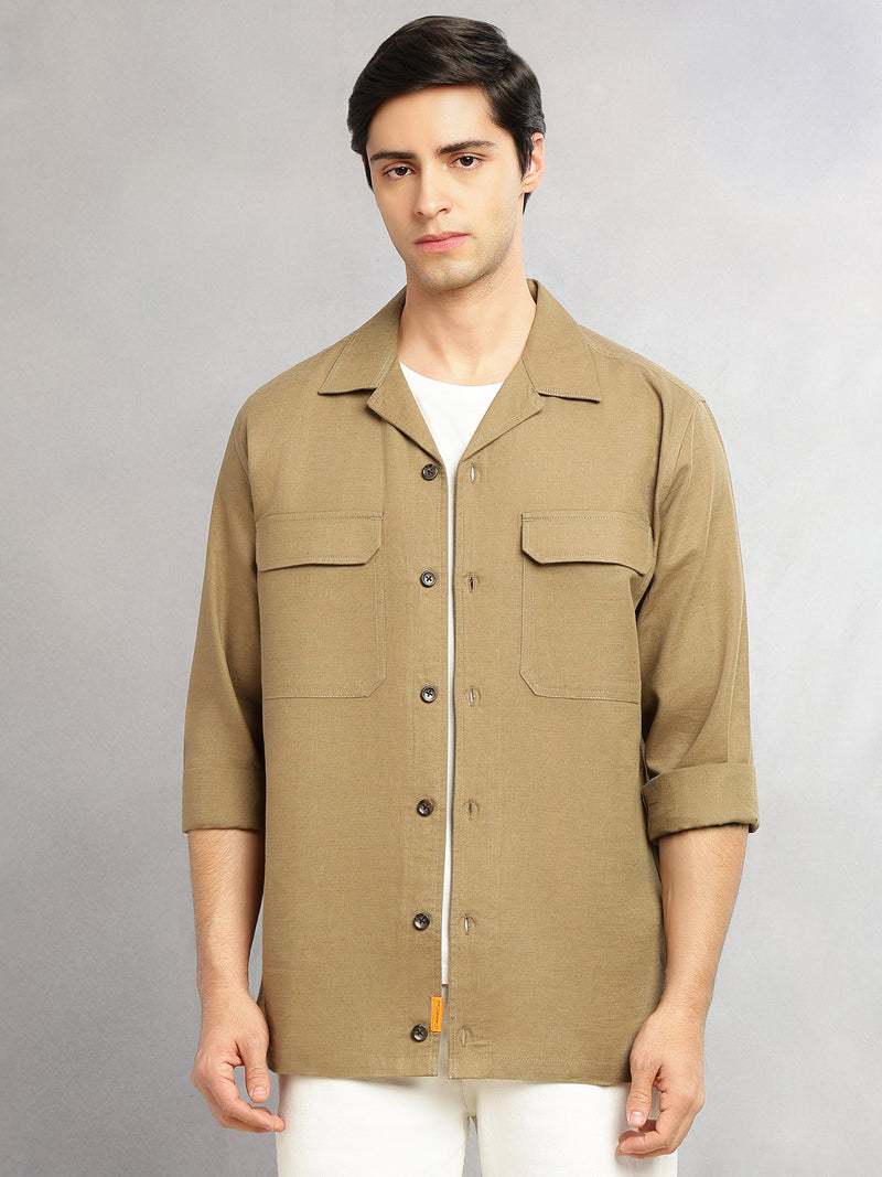 Thomas Scott Men Khaki Cricket Club Collection Oversized Fit Long Sleeves Camp Collar Cotton Linen Twill Shacket with 2 Flap Pockets