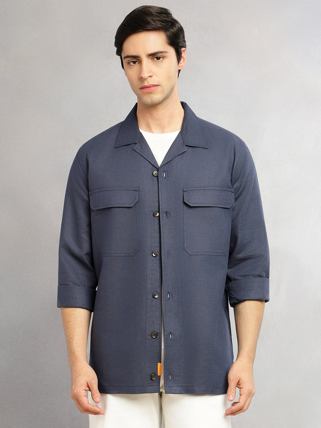 Thomas Scott Men Navy Cricket Club Collection Oversized Fit Long Sleeves Camp Collar Cotton Linen Twill Shacket with 2 Flap Pockets
