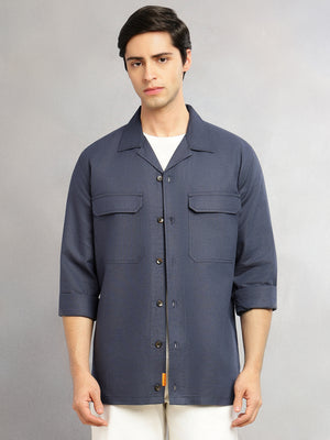 Thomas Scott Men Navy Cricket Club Collection Oversized Fit Long Sleeves Camp Collar Cotton Linen Twill Shacket with 2 Flap Pockets