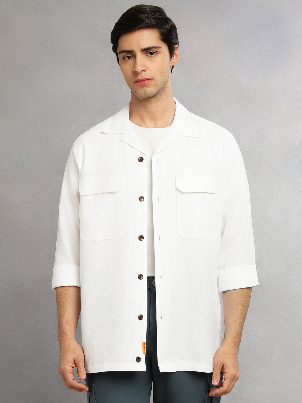 Thomas Scott Men White Cricket Club Collection Oversized Fit Long Sleeves Camp Collar Cotton Linen Twill Shacket with 2 Flap Pockets