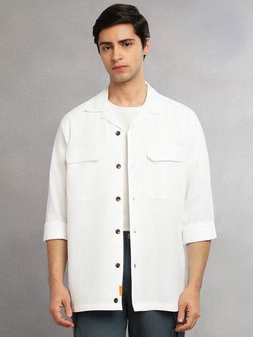 Thomas Scott Men White Cricket Club Collection Oversized Fit Long Sleeves Camp Collar Cotton Linen Twill Shacket with 2 Flap Pockets