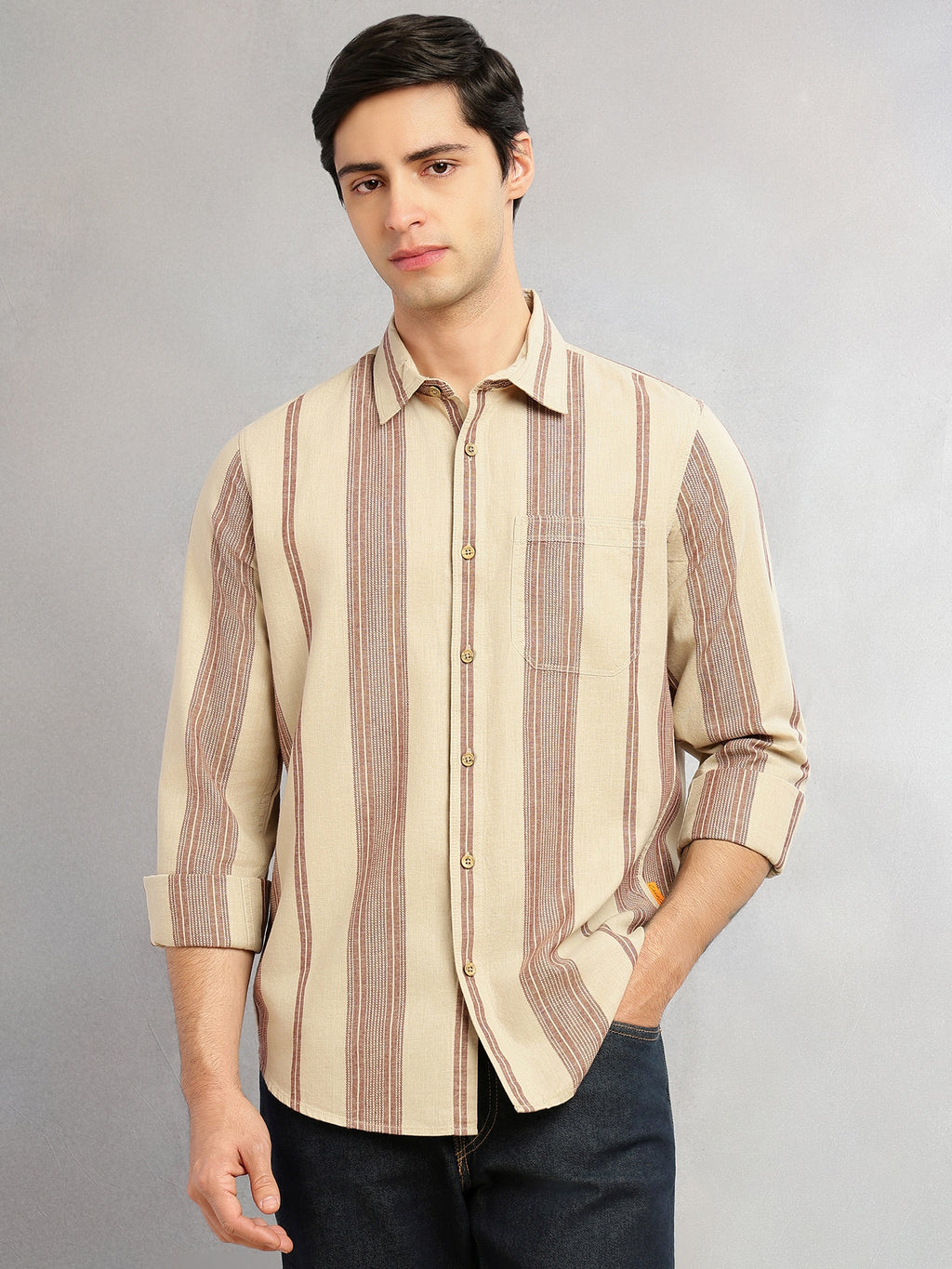 Thomas Scott Men Beige Cricket Club Collection Men Striped Cotton Linen Shirt-Slim Fit, Long Sleeve, Spread Collar Casual Wear