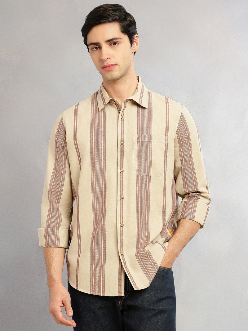 Thomas Scott Men Beige Cricket Club Collection Men Striped Cotton Linen Shirt-Slim Fit, Long Sleeve, Spread Collar Casual Wear