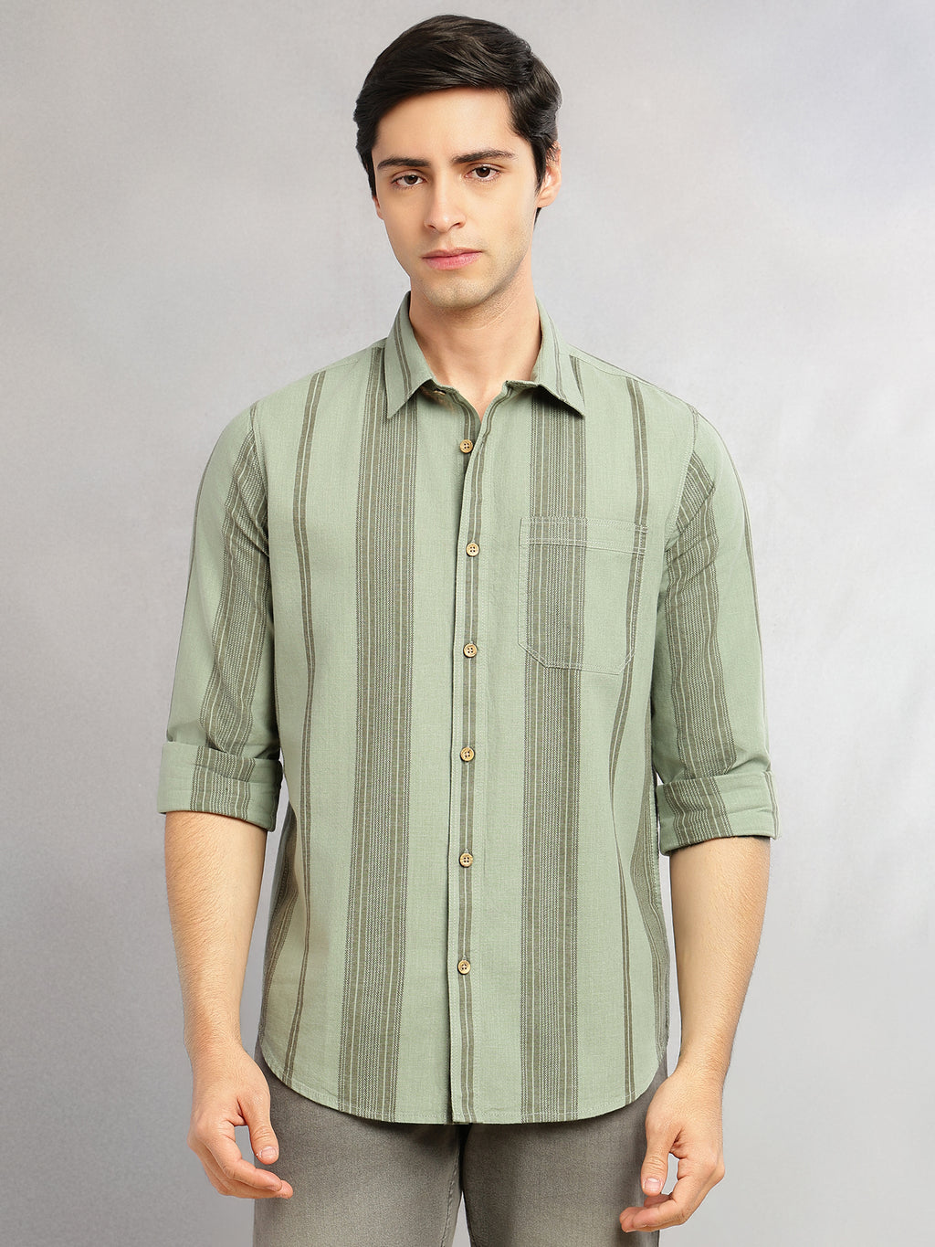 Thomas Scott Men Green Cricket Club Collection Men Striped Cotton Linen Shirt-Slim Fit, Long Sleeve, Spread Collar Casual Wear