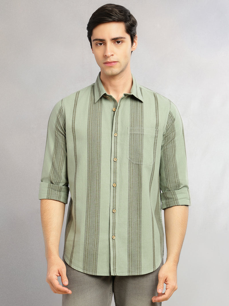 Thomas Scott Men Green Cricket Club Collection Men Striped Cotton Linen Shirt-Slim Fit, Long Sleeve, Spread Collar Casual Wear