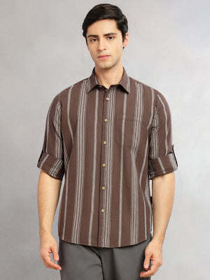 Thomas Scott Men Brown Cricket Club Collection Slim Fit Cotton Linen Classic Striped Casual Wear Shirt for Men