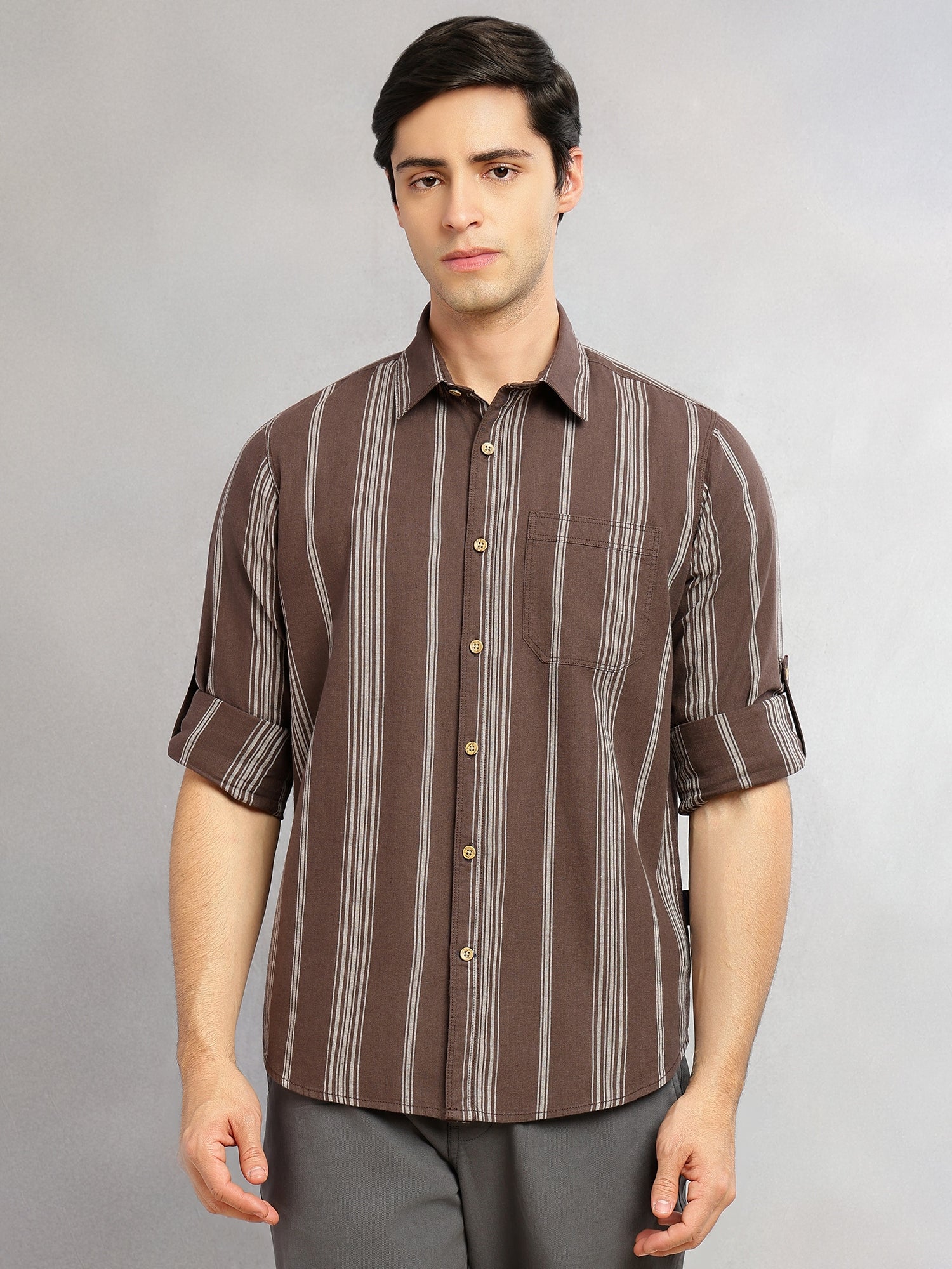 Thomas Scott Men Brown Cricket Club Collection Slim Fit Cotton Linen Classic Striped Casual Wear Shirt for Men