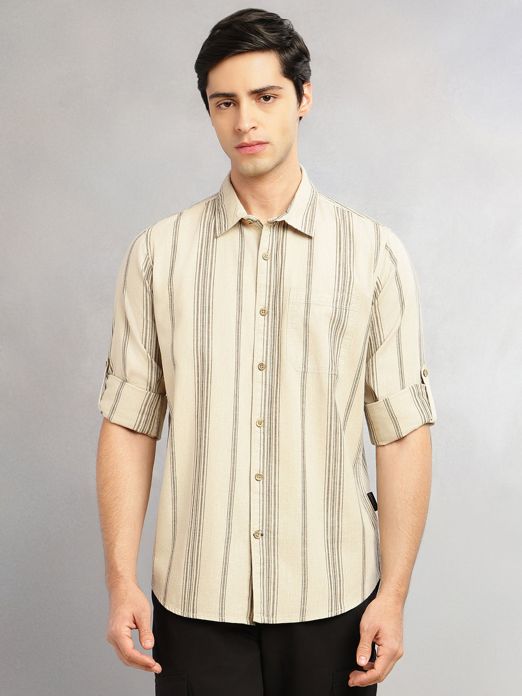 Thomas Scott Men Peach Cricket Club Collection Slim Fit Cotton Linen Classic Striped Casual Wear Shirt for Men