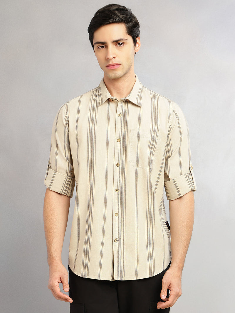Thomas Scott Men Peach Cricket Club Collection Slim Fit Cotton Linen Classic Striped Casual Wear Shirt for Men