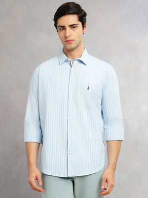 Thomas Scott Men Blue Cricket Club Collection Slim Fit 100% Cotton Oxford Shirt with Vertical Stripes & Spread Collar