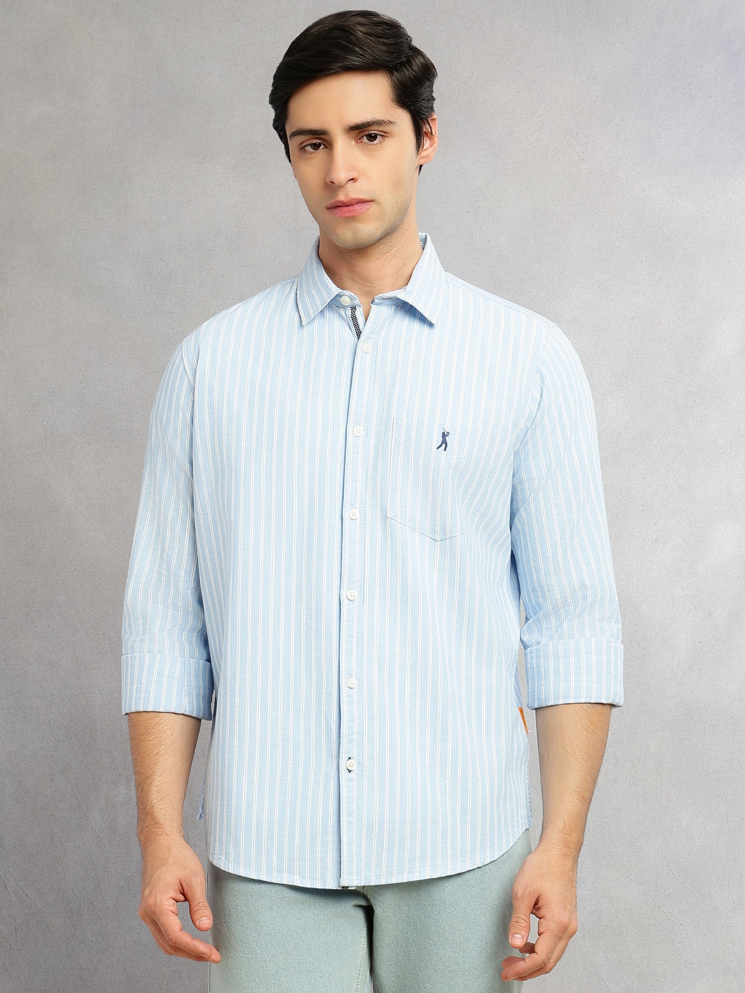 Thomas Scott Men Blue Cricket Club Collection Slim Fit 100% Cotton Oxford Shirt with Vertical Stripes & Spread Collar