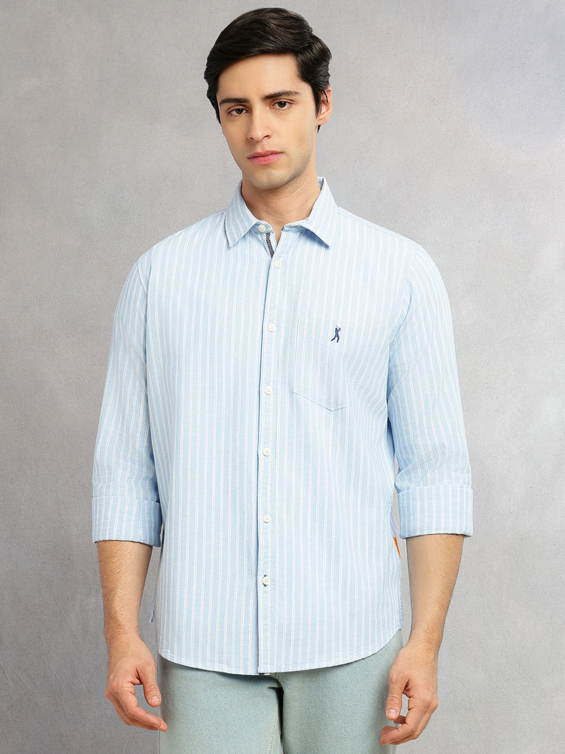 Thomas Scott Men Blue Cricket Club Collection Slim Fit 100% Cotton Oxford Shirt with Vertical Stripes & Spread Collar