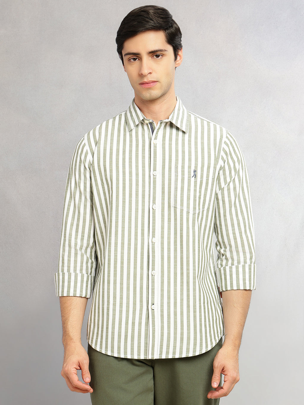 Thomas Scott Men Green Cricket Club Collection Slim Fit 100% Cotton Oxford Shirt with Vertical Stripes & Spread Collar
