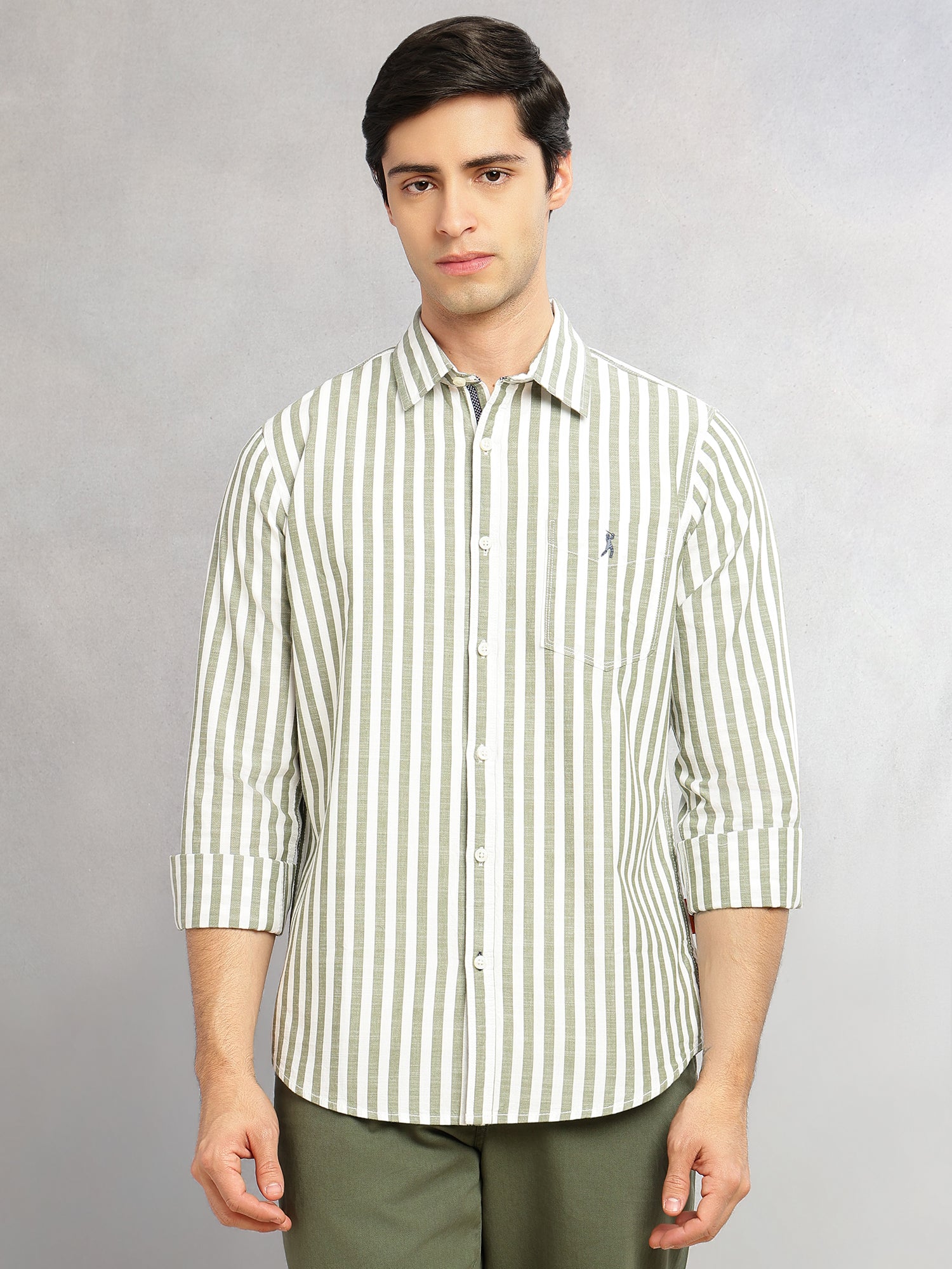 Thomas Scott Men Green Cricket Club Collection Slim Fit 100% Cotton Oxford Shirt with Vertical Stripes & Spread Collar