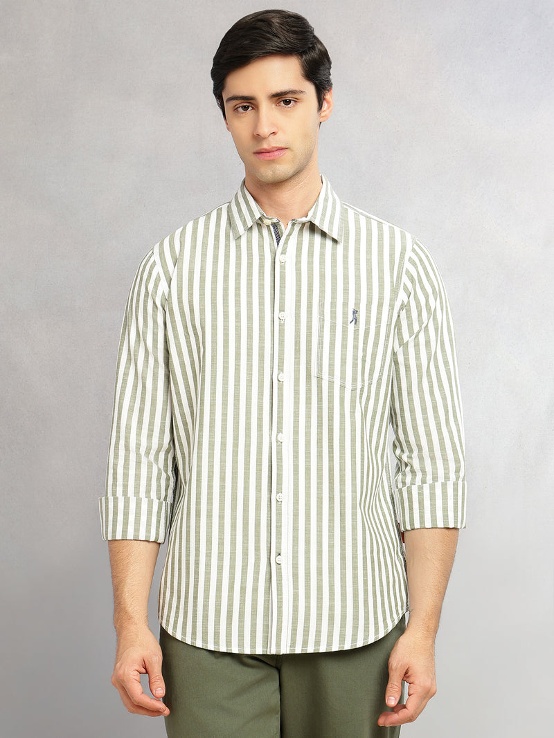 Thomas Scott Men Green Cricket Club Collection Slim Fit 100% Cotton Oxford Shirt with Vertical Stripes & Spread Collar