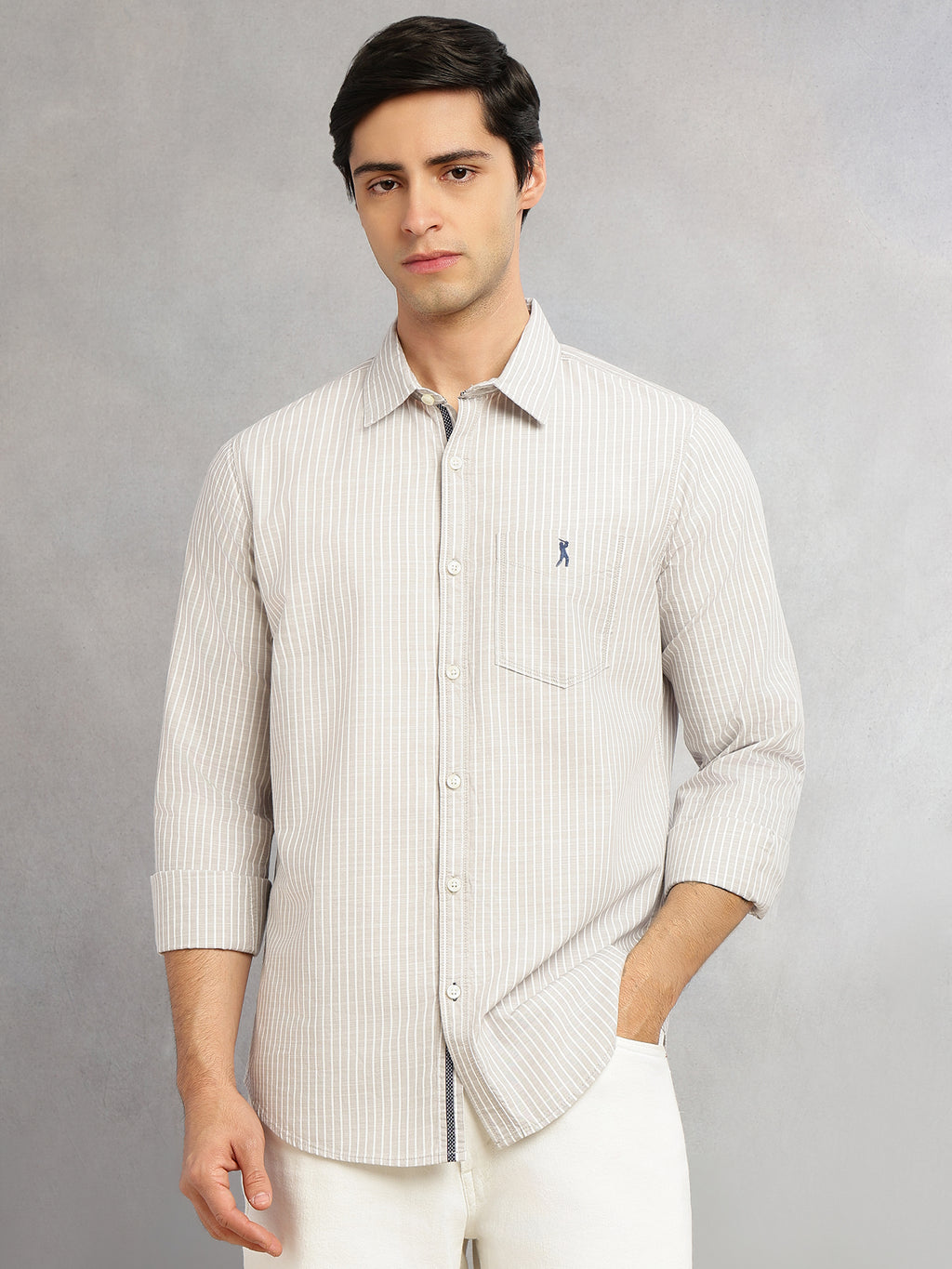 Thomas Scott Men Grey Cricket Club Collection Slim Fit 100% Cotton Oxford Shirt with Vertical Stripes & Spread Collar