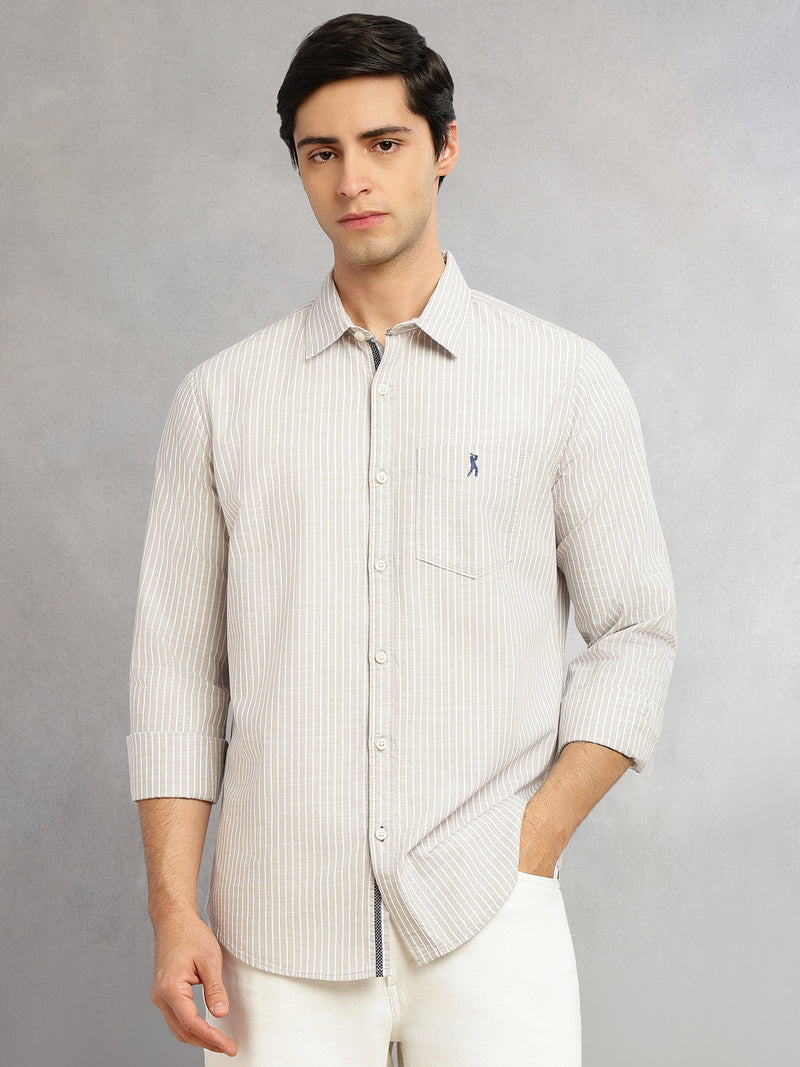 Thomas Scott Men Grey Cricket Club Collection Slim Fit 100% Cotton Oxford Shirt with Vertical Stripes & Spread Collar